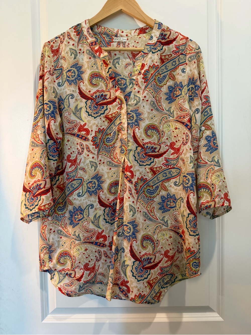 Antilia Femme Paisley Tunic‎ Blouse Women’s Large Boho Roll Tab Sleeve India